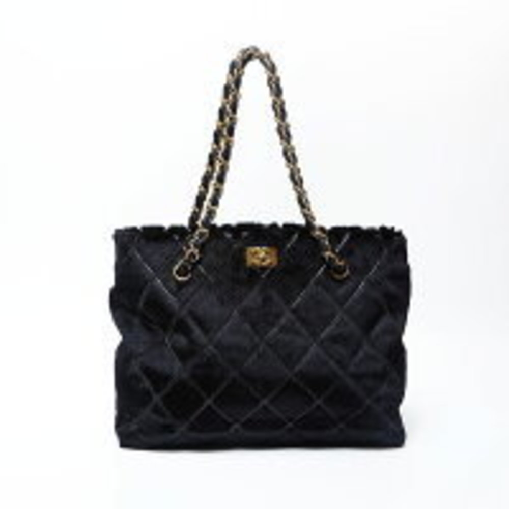 CHANEL Fur Chain Shoulder Bag Black